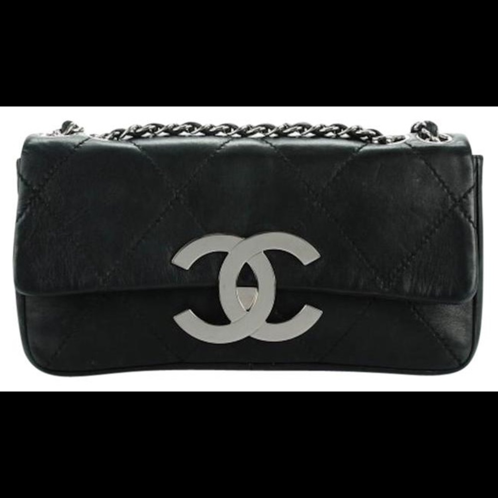 Chanel Jumbo CC Logo Classic Flap 2.55 East West XL W E/W Black Lambskin Leather